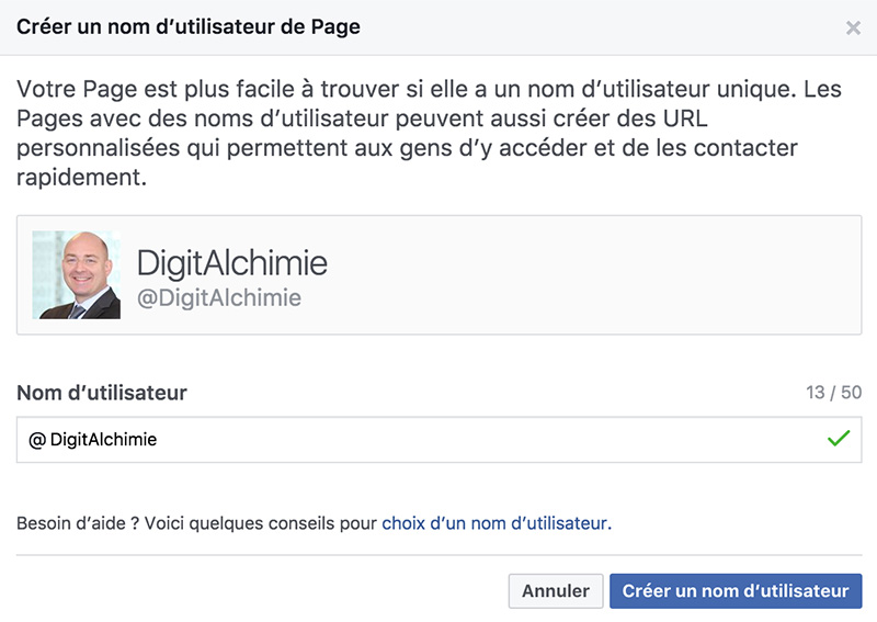 Choisir URL de Page Facebook